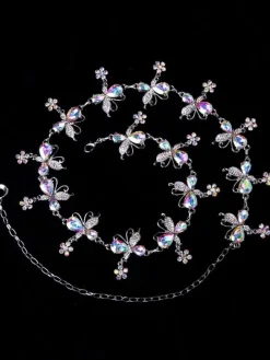 Silver Waist Chain Belly Dance Color Block Butterfly Rhinestones Women Accessories