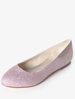Silver Wedding Shoes Glitter Round Toe Slip On Bridesmaid Shoes Women Ballet Flats