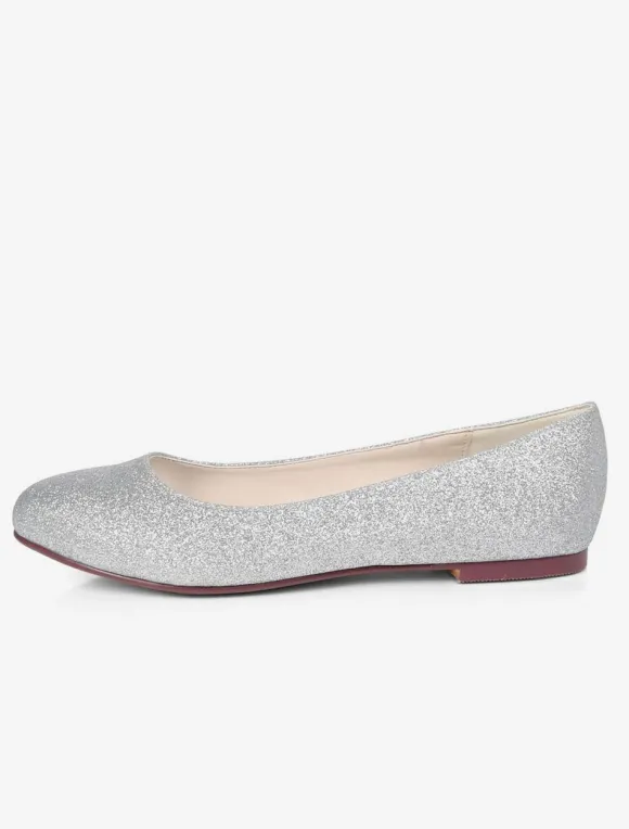 Silver Wedding Shoes Glitter Round Toe Slip On Bridesmaid Shoes Women Ballet Flats