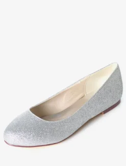 Silver Wedding Shoes Glitter Round Toe Slip On Bridesmaid Shoes Women Ballet Flats