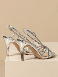 Silver Wedding Shoeswomen Rhinestones Round Toe Strappy High Heel Prom Shoes
