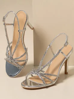 Silver Wedding Shoeswomen Rhinestones Round Toe Strappy High Heel Prom Shoes