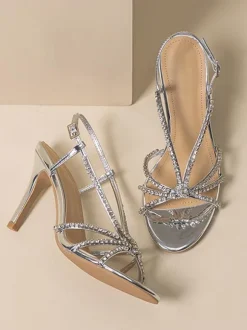 Silver Wedding Shoeswomen Rhinestones Round Toe Strappy High Heel Prom Shoes