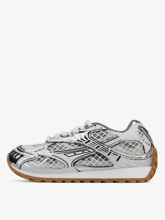 Silver Women's Sneakers Round Toe Lace Up Patchwork Sport Sneakers