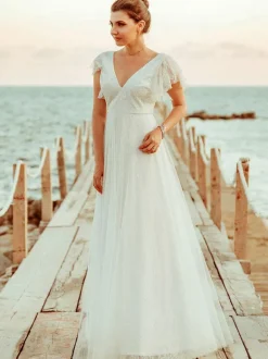 Simple Wedding Dress 2026 A Line V Neck Short Sleeve Floor Length Tulle Beach Wedding Party Dresses Bridal Gowns