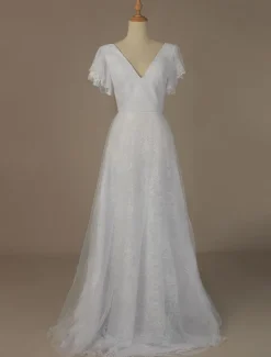 Simple Wedding Dress 2026 A Line V Neck Short Sleeve Floor Length Tulle Beach Wedding Party Dresses Bridal Gowns