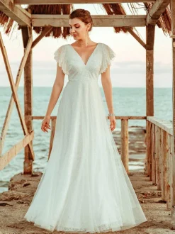 Simple Wedding Dress 2026 A Line V Neck Short Sleeve Floor Length Tulle Beach Wedding Party Dresses Bridal Gowns