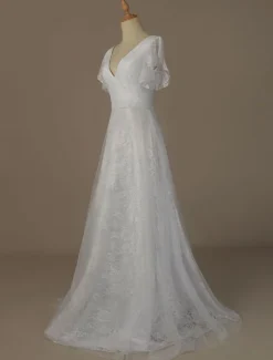 Simple Wedding Dress 2026 A Line V Neck Short Sleeve Floor Length Tulle Beach Wedding Party Dresses Bridal Gowns