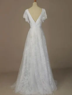 Simple Wedding Dress 2026 A Line V Neck Short Sleeve Floor Length Tulle Beach Wedding Party Dresses Bridal Gowns