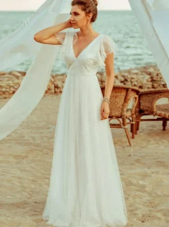 Simple Wedding Dress 2026 A Line V Neck Short Sleeve Floor Length Tulle Beach Wedding Party Dresses Bridal Gowns