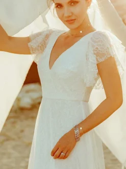 Simple Wedding Dress 2026 A Line V Neck Short Sleeve Floor Length Tulle Beach Wedding Party Dresses Bridal Gowns