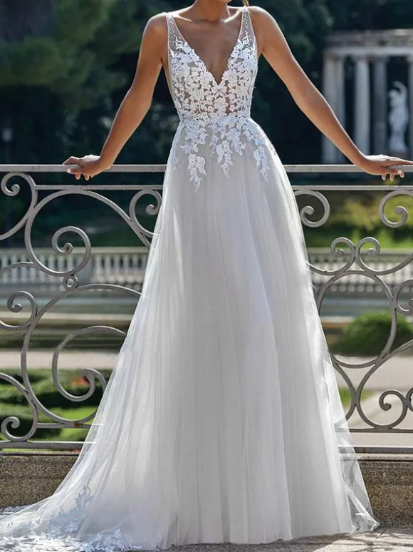 Simple Wedding Dress 2026 A Line V Neck Straps Sleeveless Lace Appliqued Tulle Bridal Gown