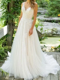Simple Wedding Dress 2026 A Line V Neck Sleeveless Floor Length Beach Bridal Dresses With Train Free Customization