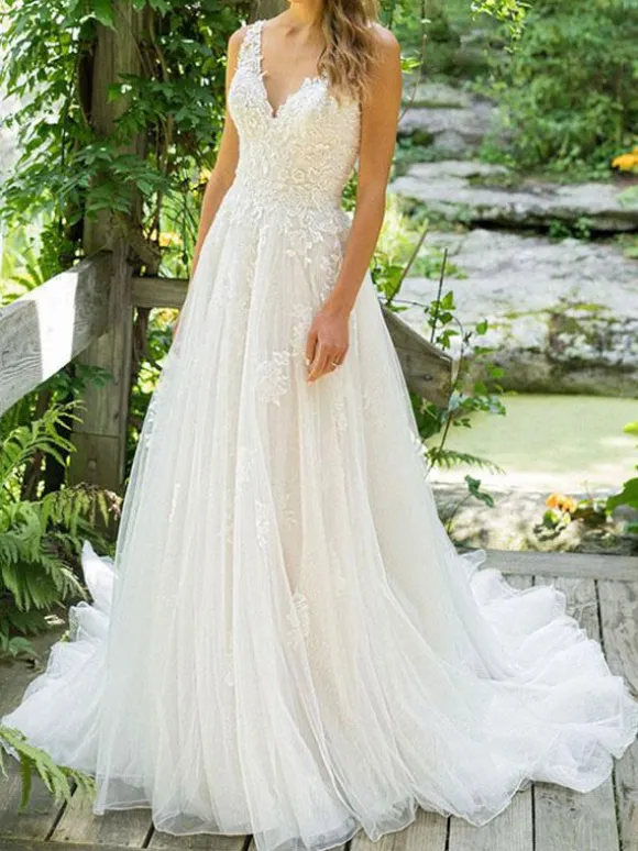Simple Wedding Dress 2026 A Line V Neck Sleeveless Floor Length Beach Bridal Dresses With Train Free Customization