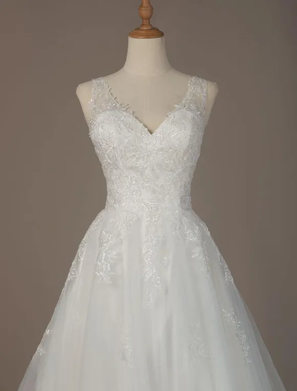 Simple Wedding Dress 2026 A Line V Neck Sleeveless Floor Length Beach Bridal Dresses With Train Free Customization