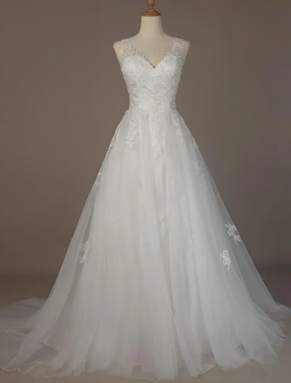 Simple Wedding Dress 2026 A Line V Neck Sleeveless Floor Length Beach Bridal Dresses With Train Free Customization