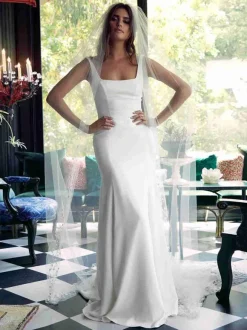 Simple Wedding Dress 2026 Satin Fabric Square Neck Sleeveless Mermaid Bridal Dresses Free Customization
