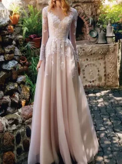 Simple Wedding Dress 2026 Tulle A Line Illusion Neck Lace Applique Floor Length Long Sleeve Tulle Boho Wedding Bridal Dresses With Train