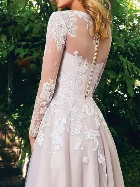 Simple Wedding Dress 2026 Tulle A Line Illusion Neck Lace Applique Floor Length Long Sleeve Tulle Boho Wedding Bridal Dresses With Train