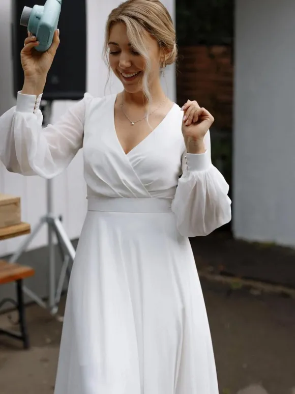 Simple Wedding Dress A-Line V-Neck Long Sleeves Sash Bridal Gowns