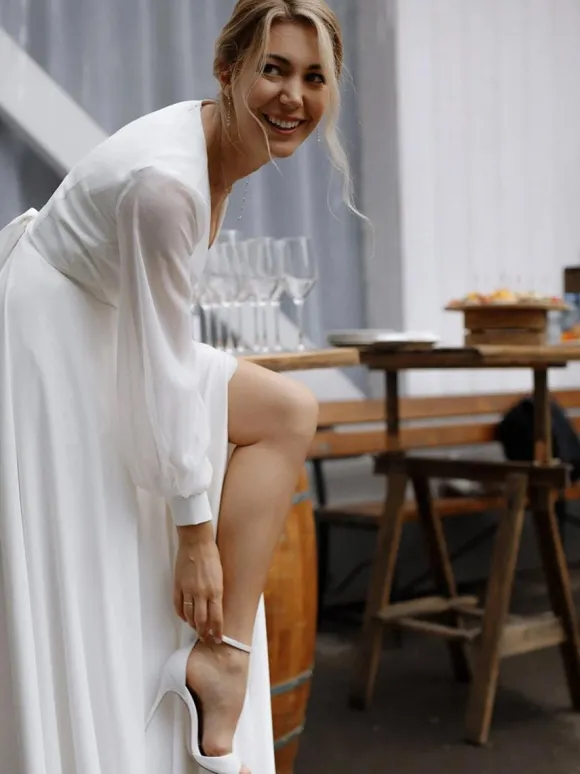 Simple Wedding Dress A-Line V-Neck Long Sleeves Sash Bridal Gowns