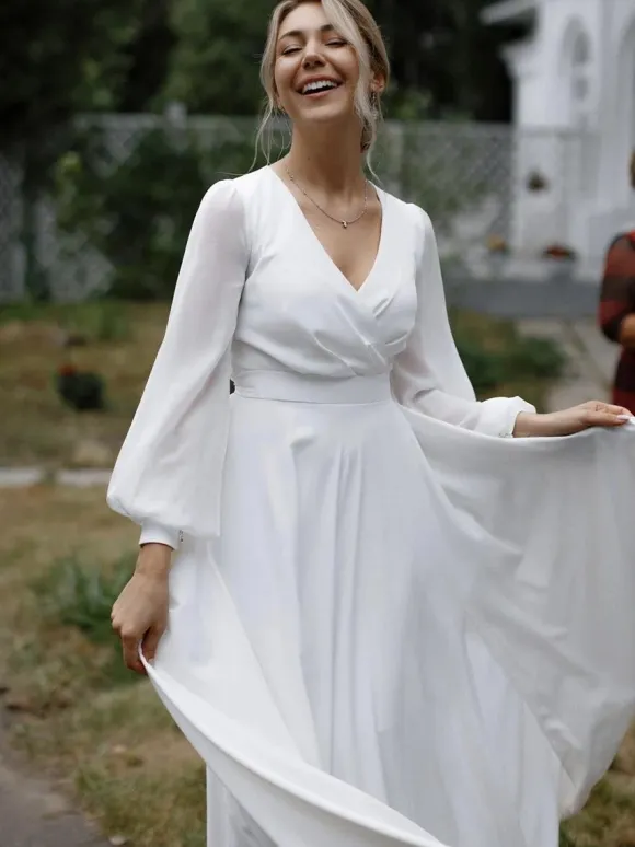 Simple Wedding Dress A-Line V-Neck Long Sleeves Sash Bridal Gowns