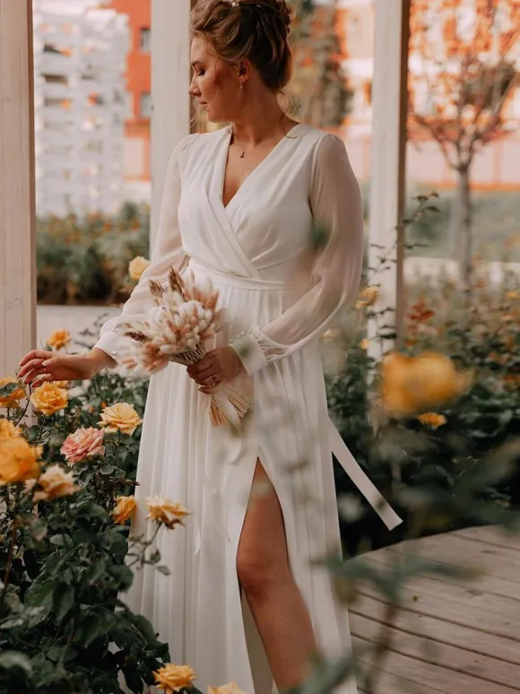 Simple Wedding Dress A-Line V-Neck Long Sleeves Sash Bridal Gowns