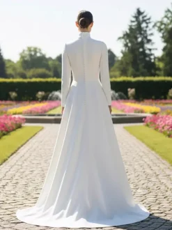 Simple Wedding Dress A-Line High Collar Long Sleeves Buttons Bridal Dresses