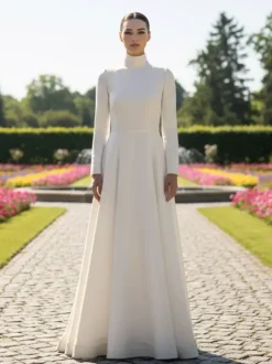 Simple Wedding Dress A-Line High Collar Long Sleeves Buttons Bridal Dresses