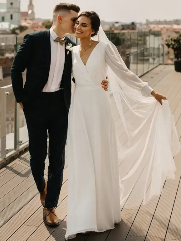 Simple Wedding Dress A-Line V-Neck Long Sleeves Bridal Gowns Free Customization