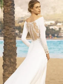 Simple Wedding Dress A-Line Bateau Neck Long Sleeves Lace Bridal Dresses