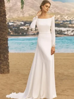 Simple Wedding Dress A-Line Bateau Neck Long Sleeves Lace Bridal Dresses