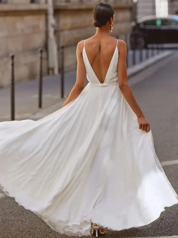 Simple Wedding Dress A-Line V-Neck Sleeveless Bridal Gowns