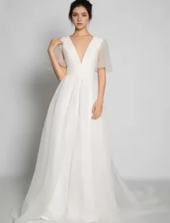 Simple Wedding Dress A-Line V-Neck Short Sleeves Bridal Dresses