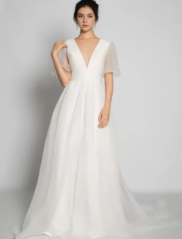 Simple Wedding Dress A-Line V-Neck Short Sleeves Bridal Dresses