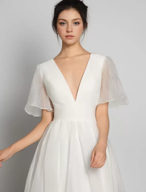 Simple Wedding Dress A-Line V-Neck Short Sleeves Bridal Dresses
