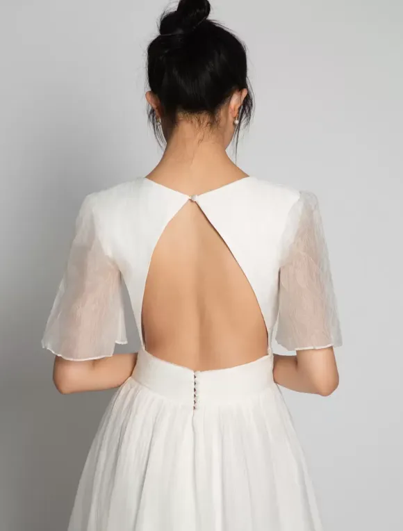 Simple Wedding Dress A-Line V-Neck Short Sleeves Bridal Dresses