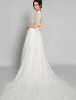 Simple Wedding Dress A-Line V-Neck Short Sleeves Bridal Dresses