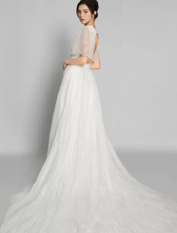 Simple Wedding Dress A-Line V-Neck Short Sleeves Bridal Dresses