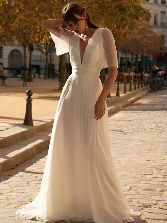 Simple Wedding Dress A-Line V-Neck Short Sleeves Bridal Dresses