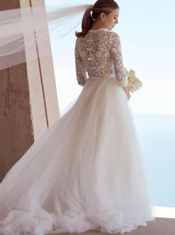 Simple Wedding Dress A-Line Jewel Neck 3/4 Length Sleeves Lace Bridal Gowns Free Customization
