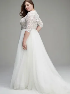 Simple Wedding Dress A-Line Jewel Neck 3/4 Length Sleeves Lace Bridal Gowns Free Customization
