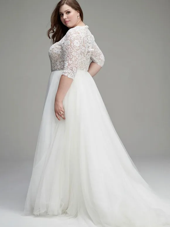 Simple Wedding Dress A-Line Jewel Neck 3/4 Length Sleeves Lace Bridal Gowns Free Customization