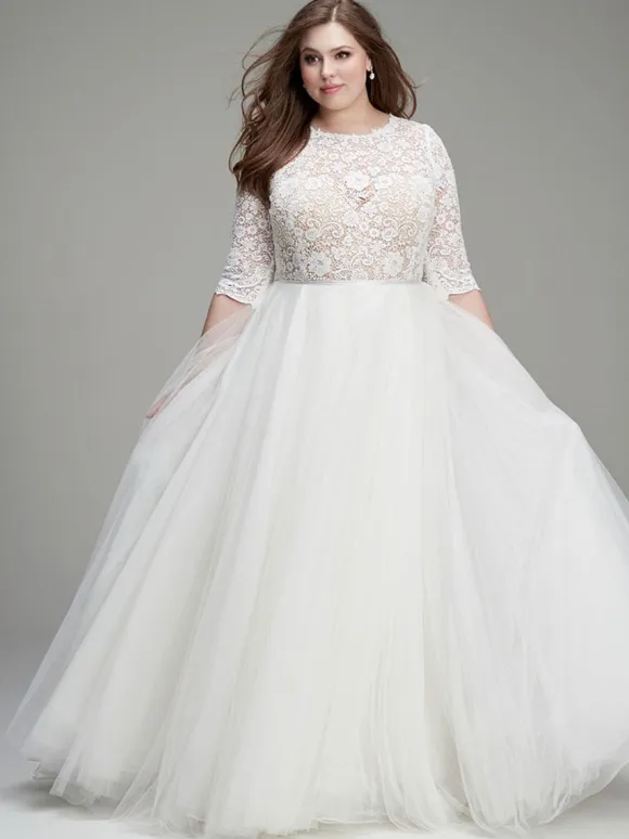 Simple Wedding Dress A-Line Jewel Neck 3/4 Length Sleeves Lace Bridal Gowns Free Customization