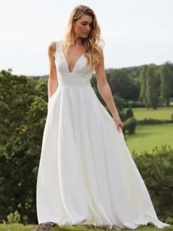 Simple Wedding Dress A-Line V-Neck Sleeveless Bridal Dresses