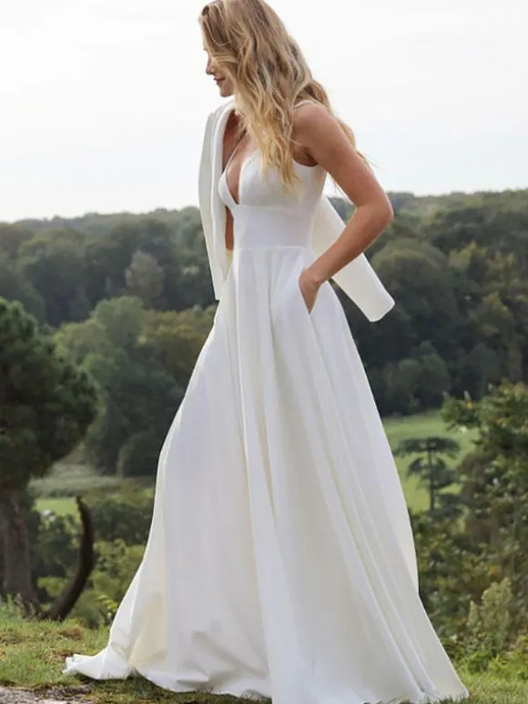 Simple Wedding Dress A-Line V-Neck Sleeveless Bridal Dresses
