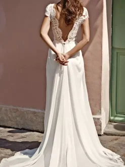 Simple Wedding Dress A-Line V-Neck Short Sleeves Lace Bridal Gowns Free Customization
