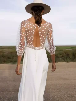 Simple Wedding Dress Ball Gown V-Neck 3/4 Length Sleeves Lace Bridal Gowns