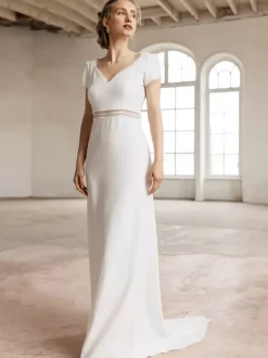 Simple Wedding Dress Ball Gown V-Neck Short Sleeves Cut Out 30cm Bridal Gowns