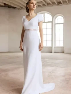 Simple Wedding Dress Ball Gown V-Neck Short Sleeves Cut Out 30cm Bridal Gowns